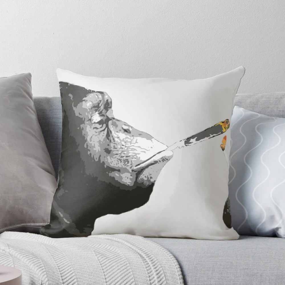Graffiti-style pillow featuring a monkey smoking a joint, inspired by Banksy's street art