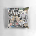Colorful Banksy-inspired collage art printed on a soft, plush pillow.