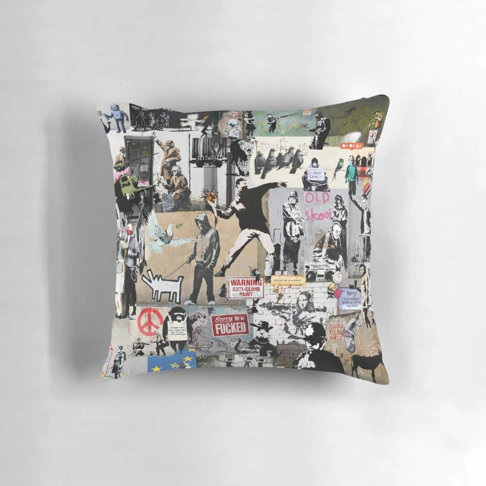 Colorful Banksy-inspired collage art printed on a soft, plush pillow.