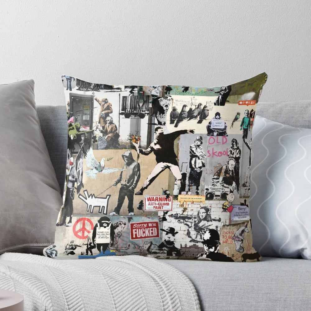 Colorful Banksy-inspired collage art printed on a soft, plush pillow.