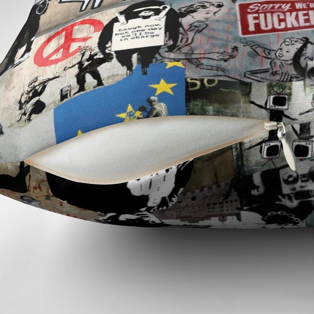 Colorful Banksy-inspired collage art printed on a soft, plush pillow.