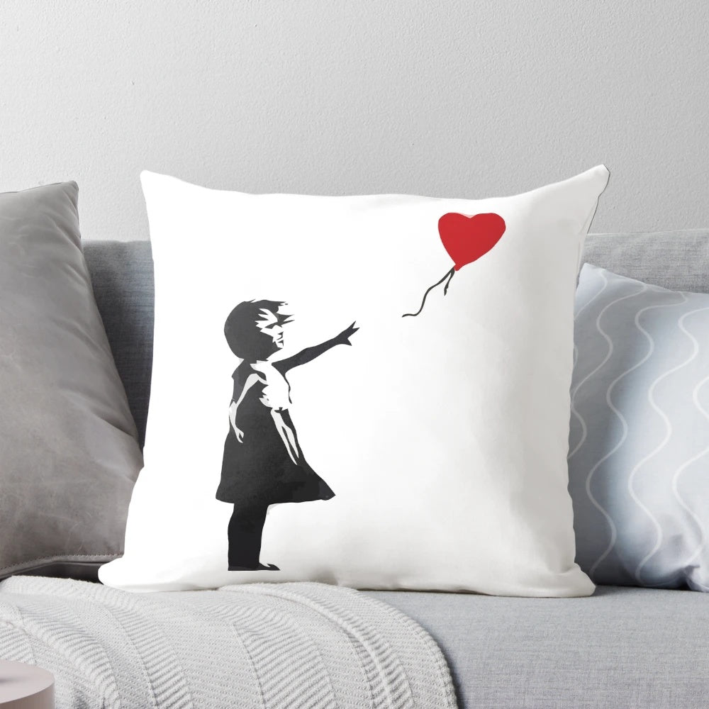 Banksy-inspired throw pillow featuring the iconic "Girl with Balloon" stencil artwork