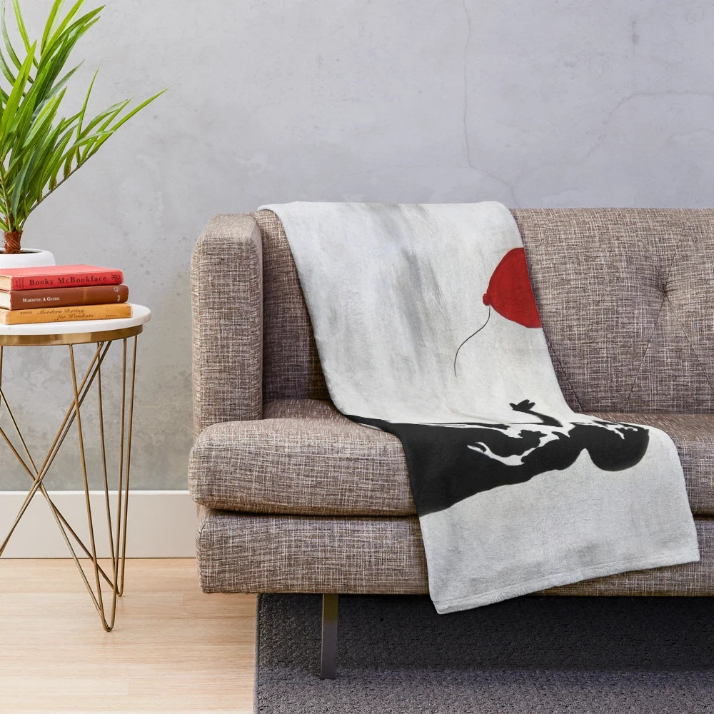 Banksy-inspired plush blanket featuring the iconic "Girl with Heart Balloon" graffiti art