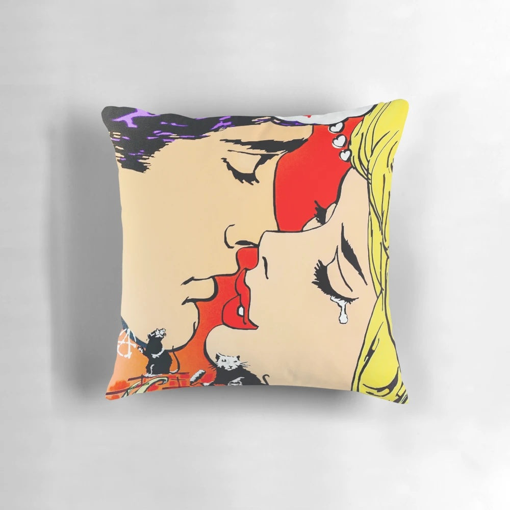 Decorative pillow featuring a Banksy-inspired graffiti art design of two lovers kissing in vibrant colors.