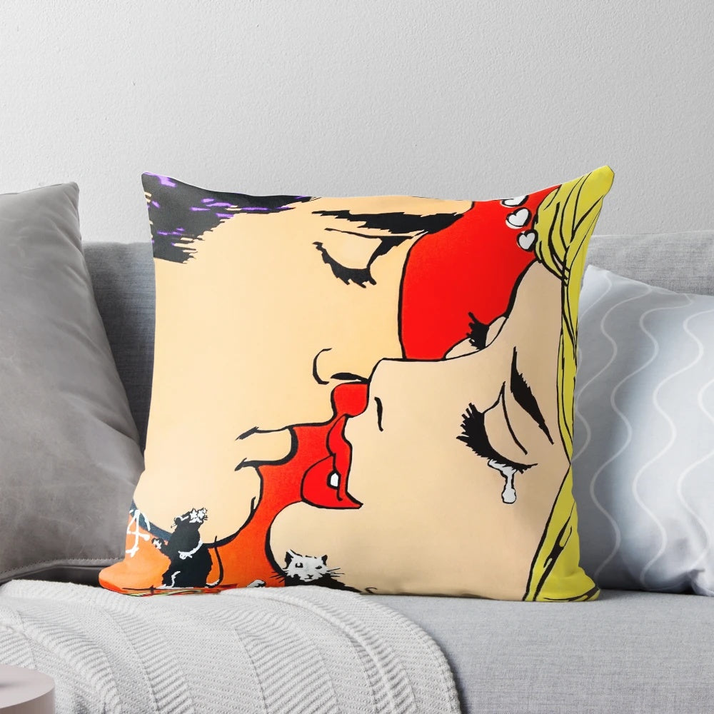 Decorative pillow featuring a Banksy-inspired graffiti art design of two lovers kissing in vibrant colors.