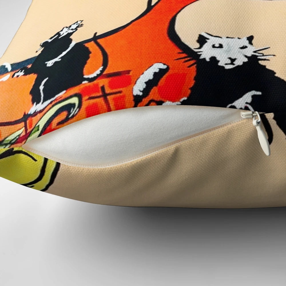 Decorative pillow featuring a Banksy-inspired graffiti art design of two lovers kissing in vibrant colors.