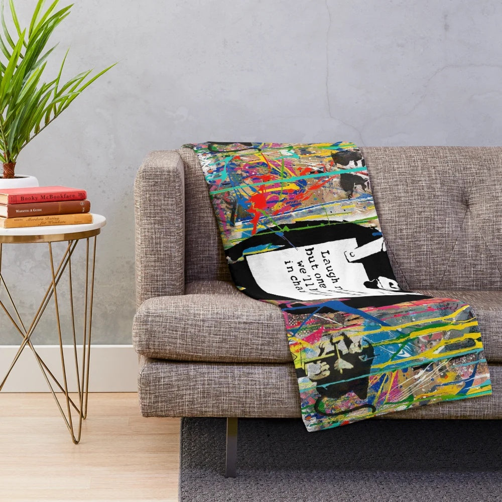 Banksy-inspired graffiti art plush blanket featuring a colorful collage of animals and urban art elements