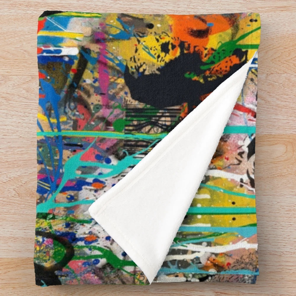 Banksy-inspired graffiti art plush blanket featuring a colorful collage of animals and urban art elements