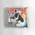 Banksy-inspired graffiti street art printed on a high-quality pillow for your home decor.