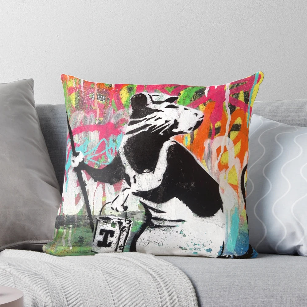 Banksy-inspired graffiti street art printed on a high-quality pillow for your home decor.