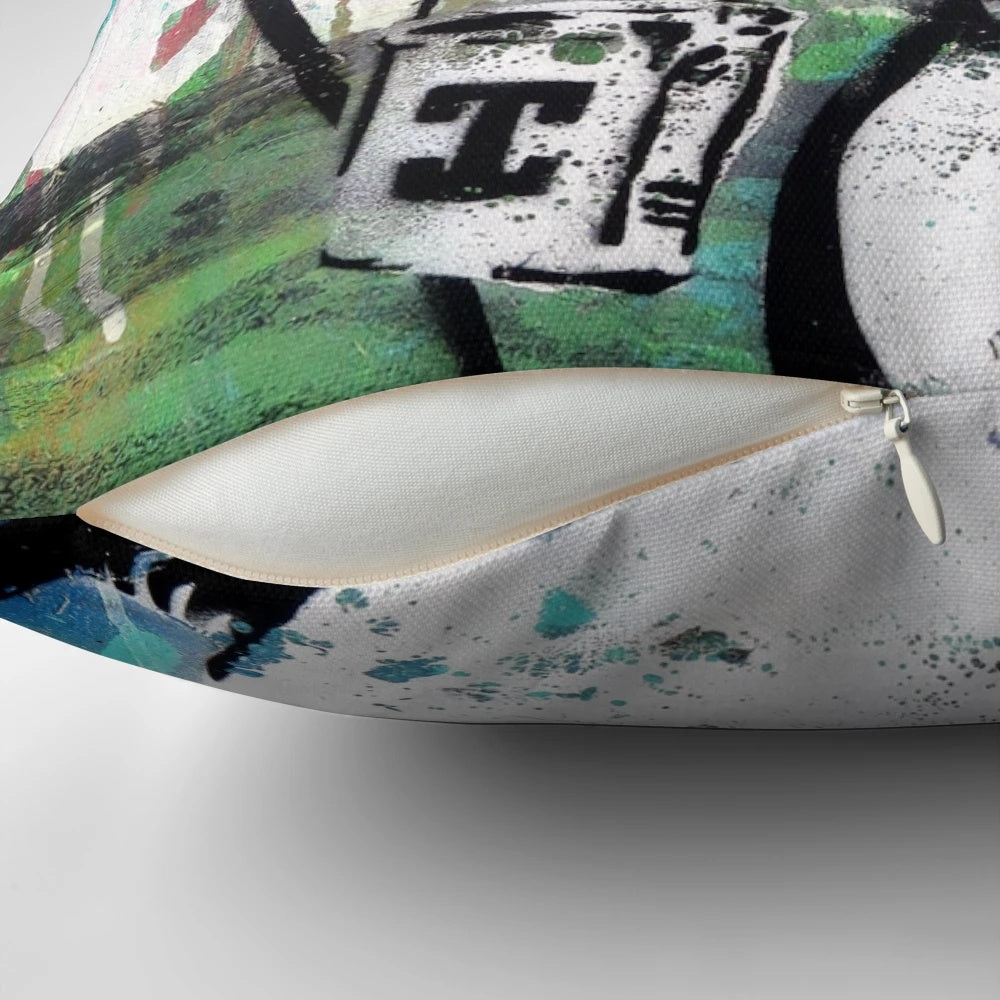 Banksy-inspired graffiti street art printed on a high-quality pillow for your home decor.