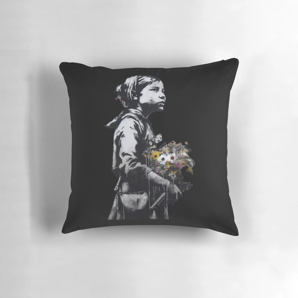 Banksy-inspired graffiti street art throw pillow featuring iconic Banksy stencil designs