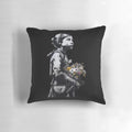 Banksy-inspired graffiti street art throw pillow featuring iconic Banksy stencil designs