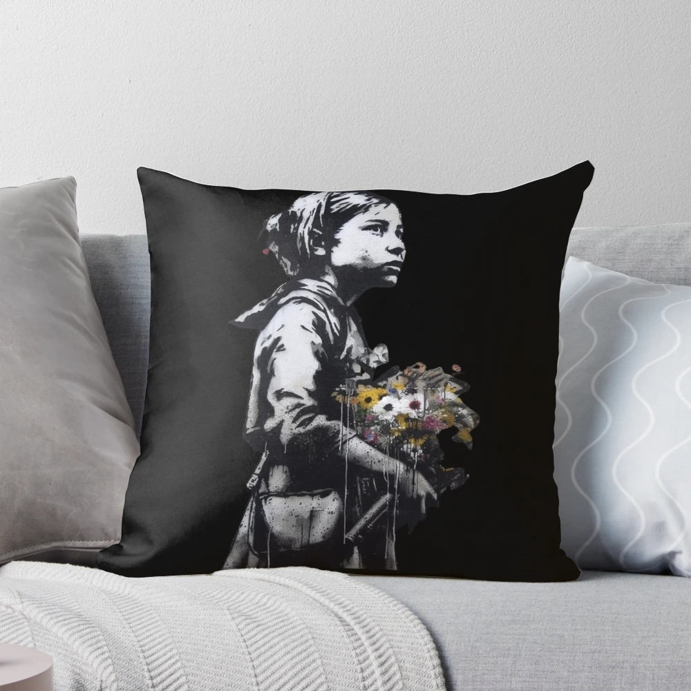 Banksy-inspired graffiti street art throw pillow featuring iconic Banksy stencil designs