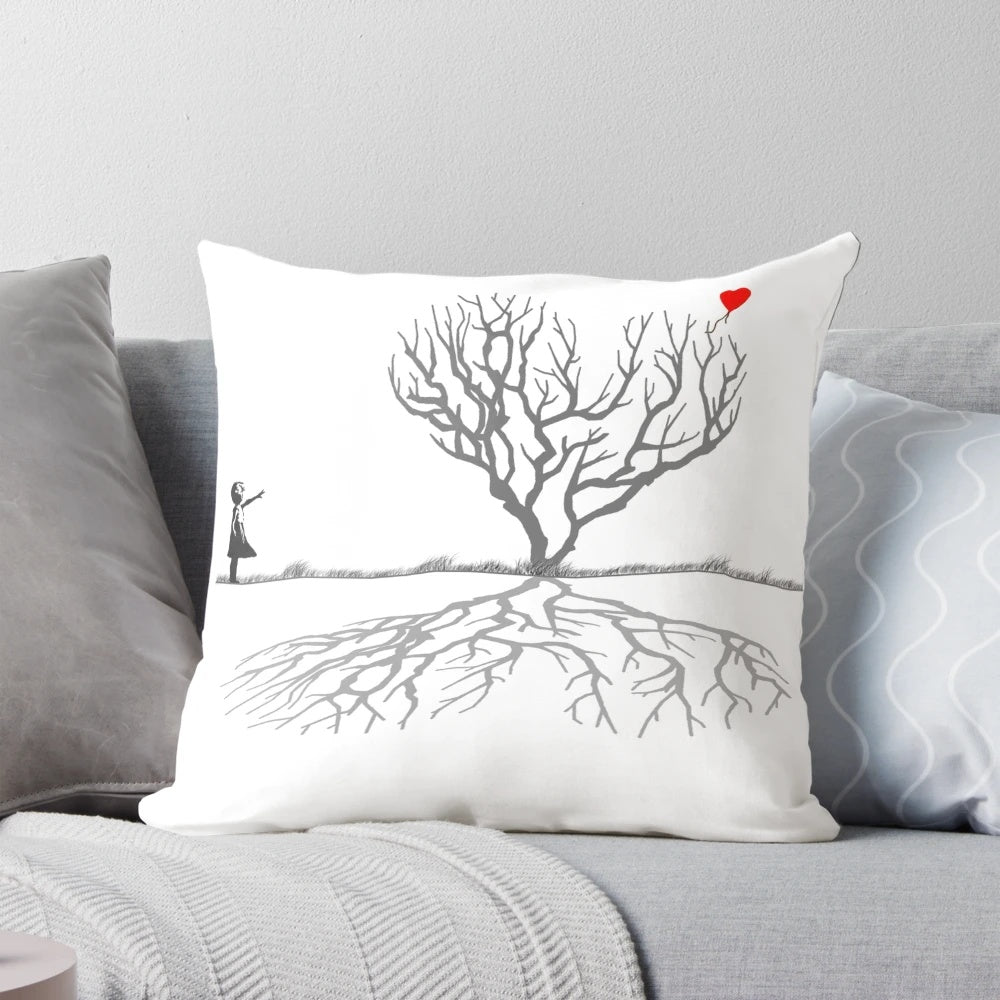Banksy-inspired throw pillow featuring a heart-shaped tree design, perfect for adding a touch of contemporary street art to any home decor.