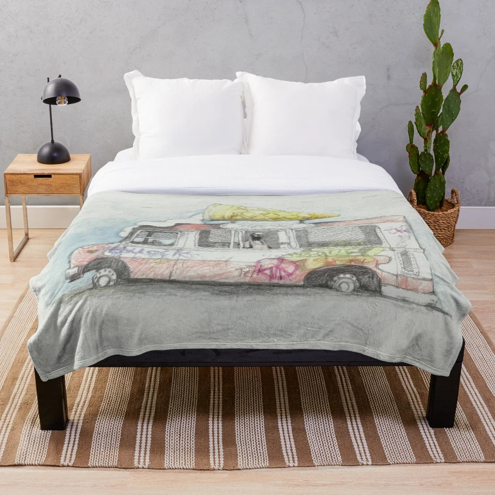 Banksy-inspired plush blanket featuring an ice cream wagon design
