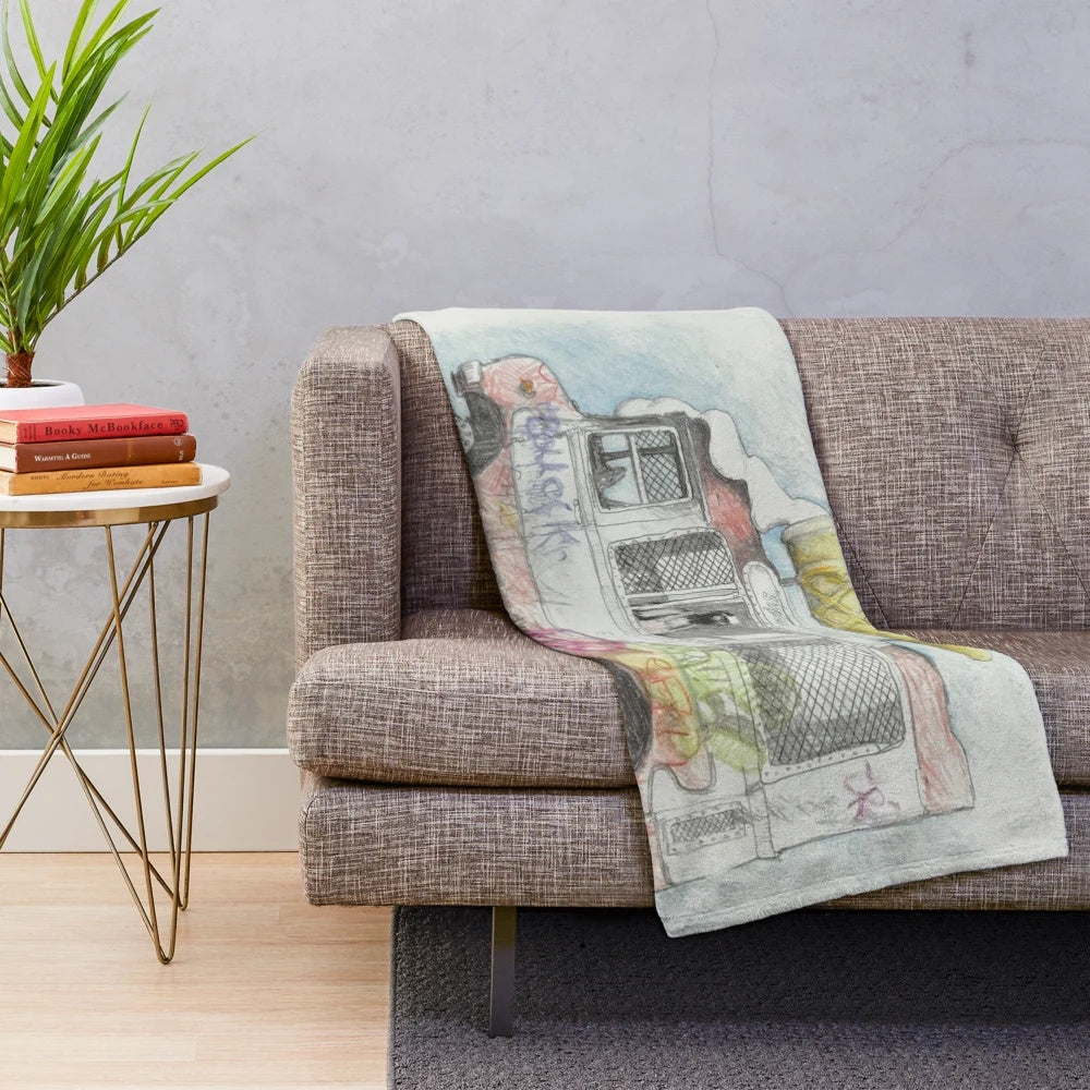 Banksy-inspired plush blanket featuring an ice cream wagon design