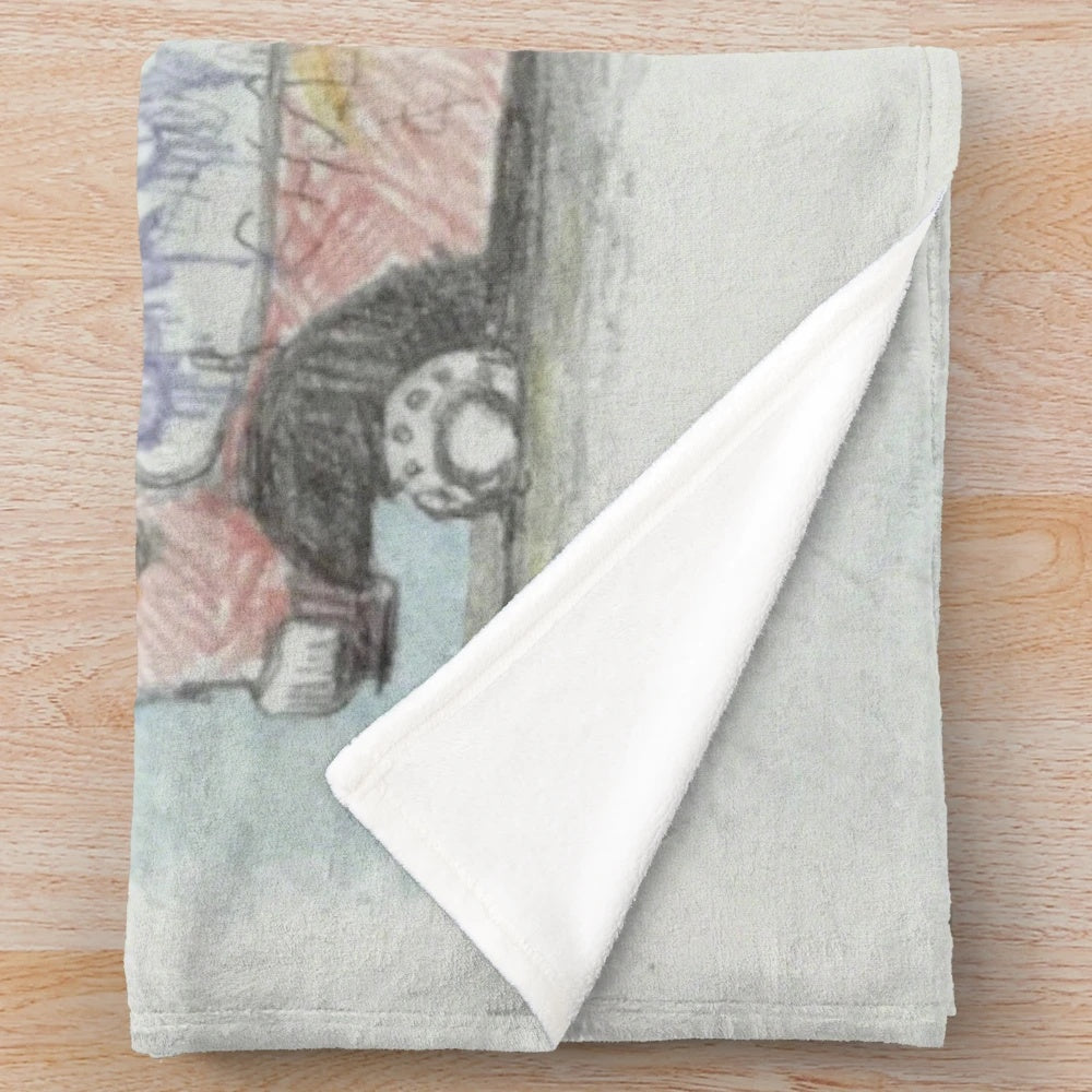 Banksy-inspired plush blanket featuring an ice cream wagon design
