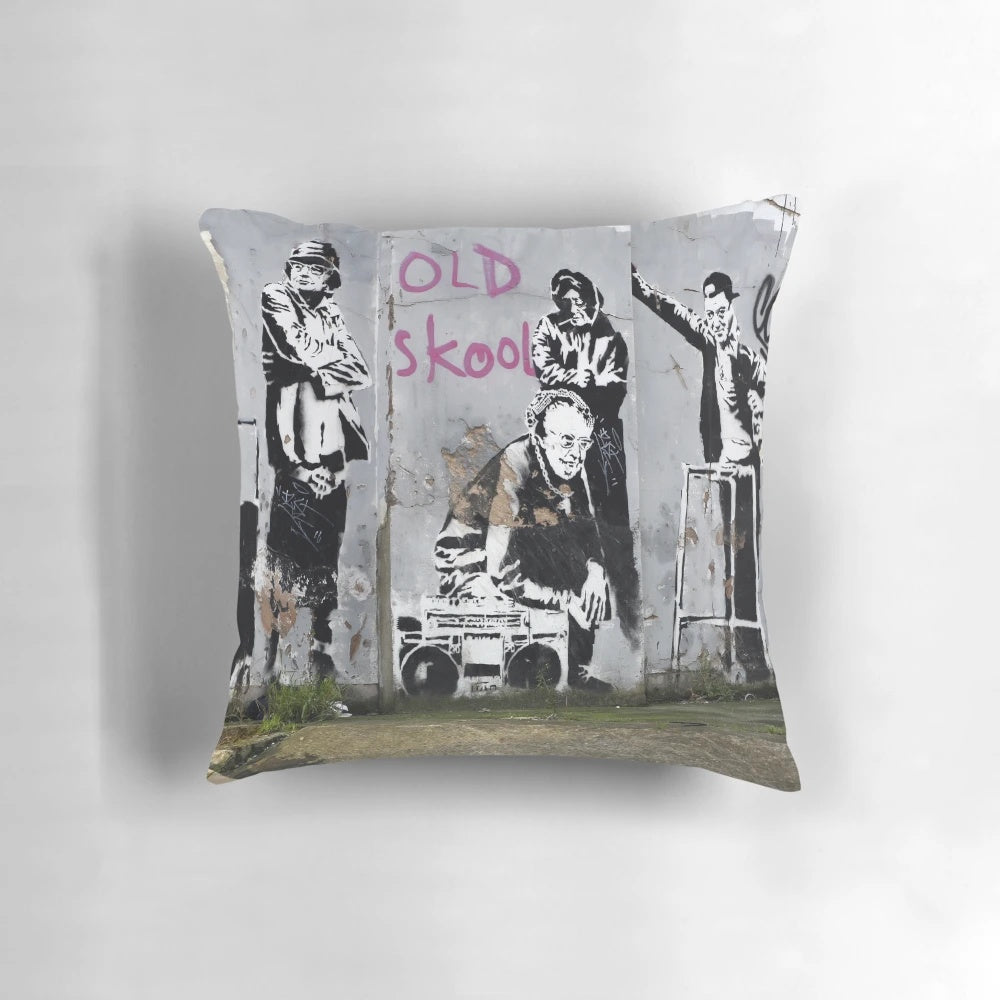 Banksy-inspired graffiti-style pillow with an old school design featuring the city of London