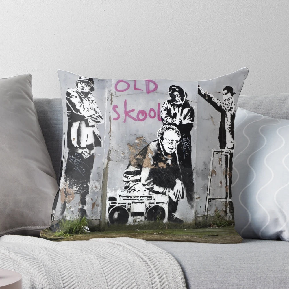 Banksy-inspired graffiti-style pillow with an old school design featuring the city of London