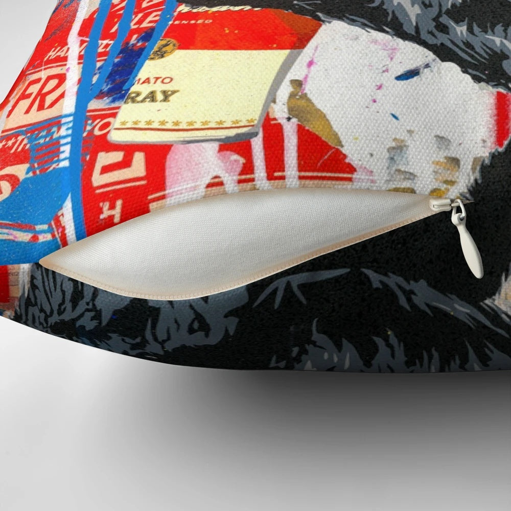 Banksy-inspired pillow featuring a stencil artwork of a monkey with the text "Follow Your Dreams"