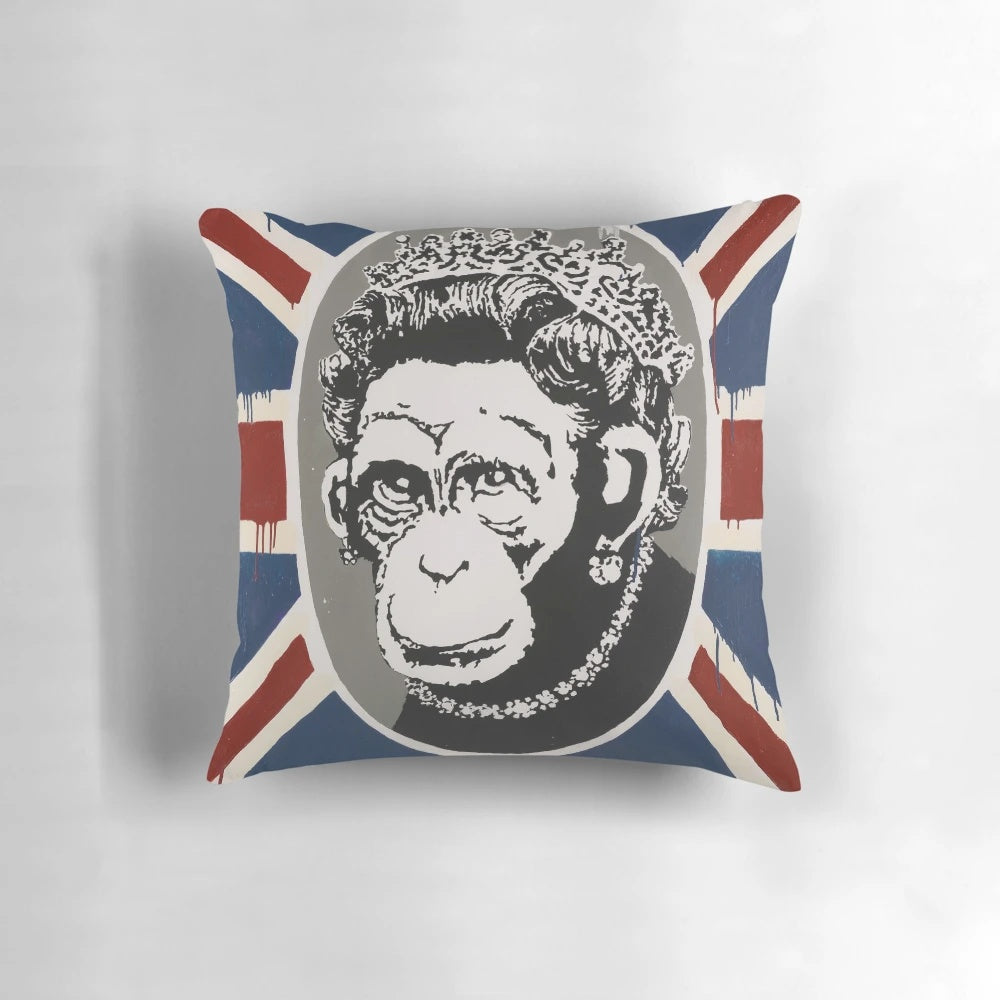 Banksy-inspired monkey stencil printed on a soft, decorative throw pillow for urban home design.