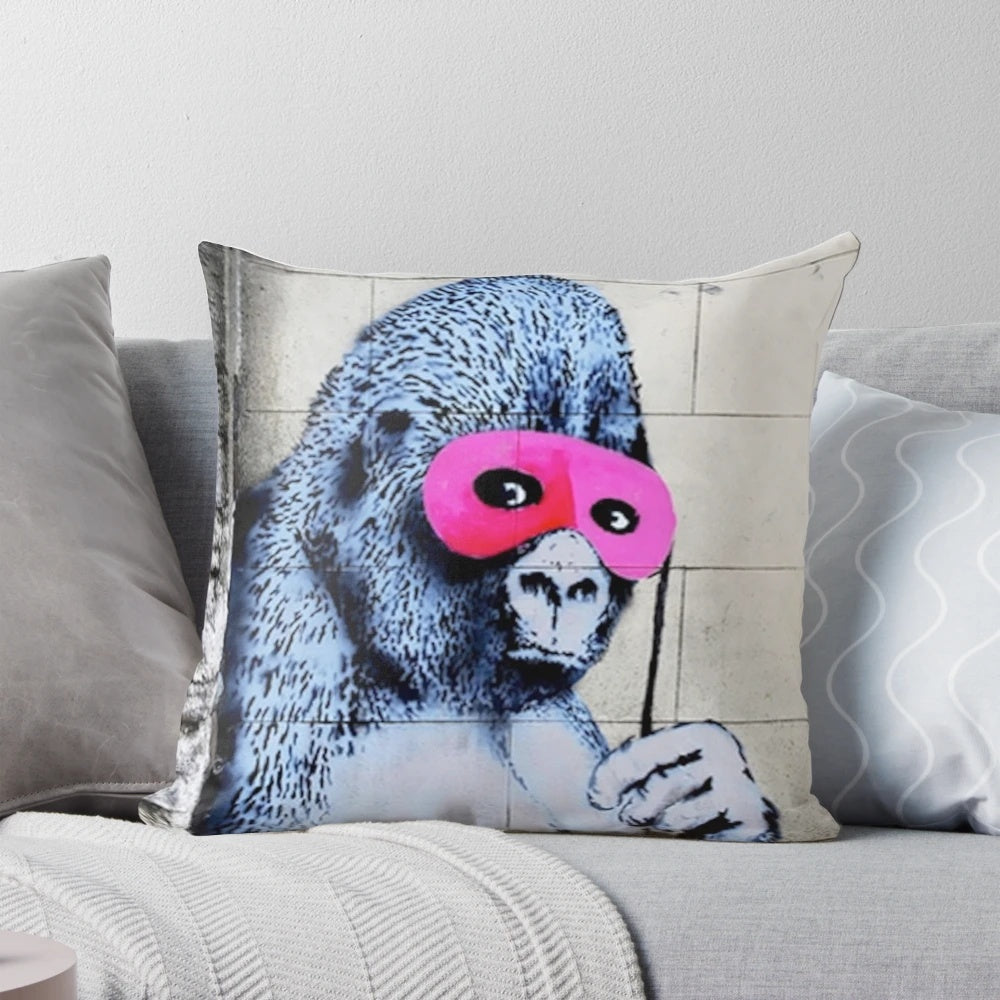 Colorful Banksy-inspired pink gorilla mask throw pillow for modern home decoration