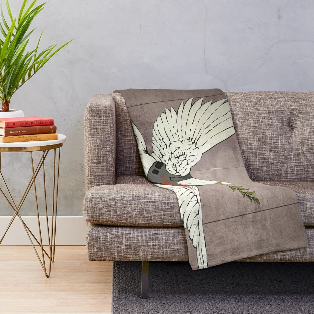 Banksy-inspired plush blanket featuring the Armored Dove of Peace street art design