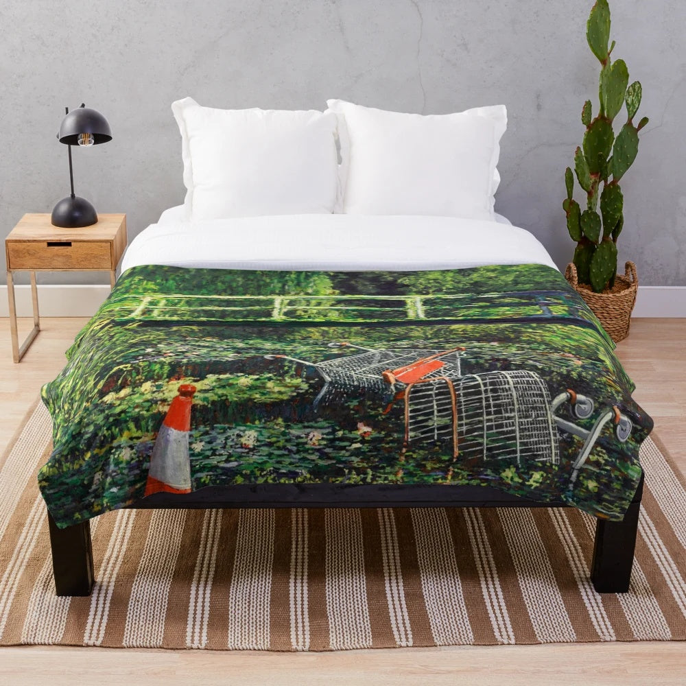 Banksy-inspired plush blanket featuring a parody of Monet's "The Water Lilies
