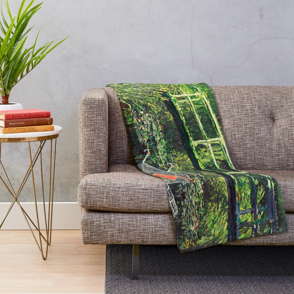Banksy-inspired plush blanket featuring a parody of Monet's "The Water Lilies