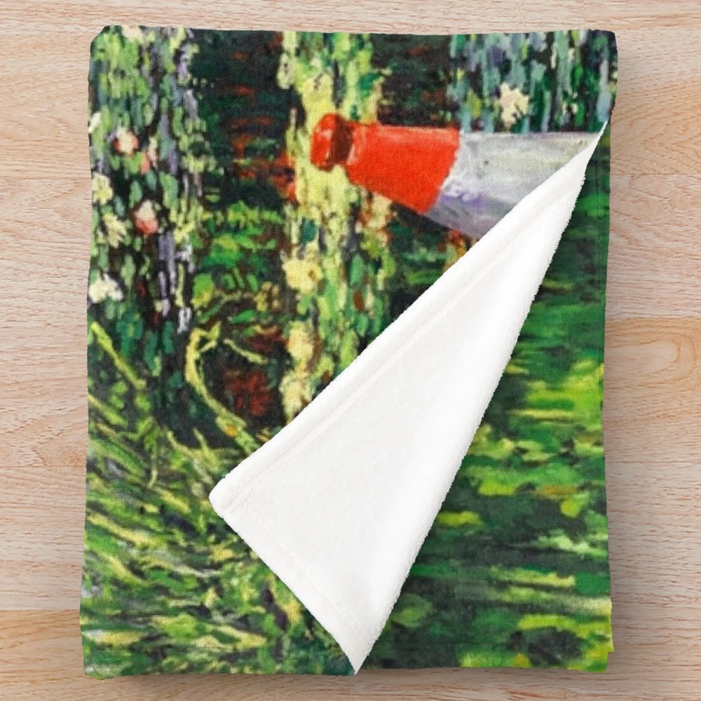 Banksy-inspired plush blanket featuring a parody of Monet's "The Water Lilies