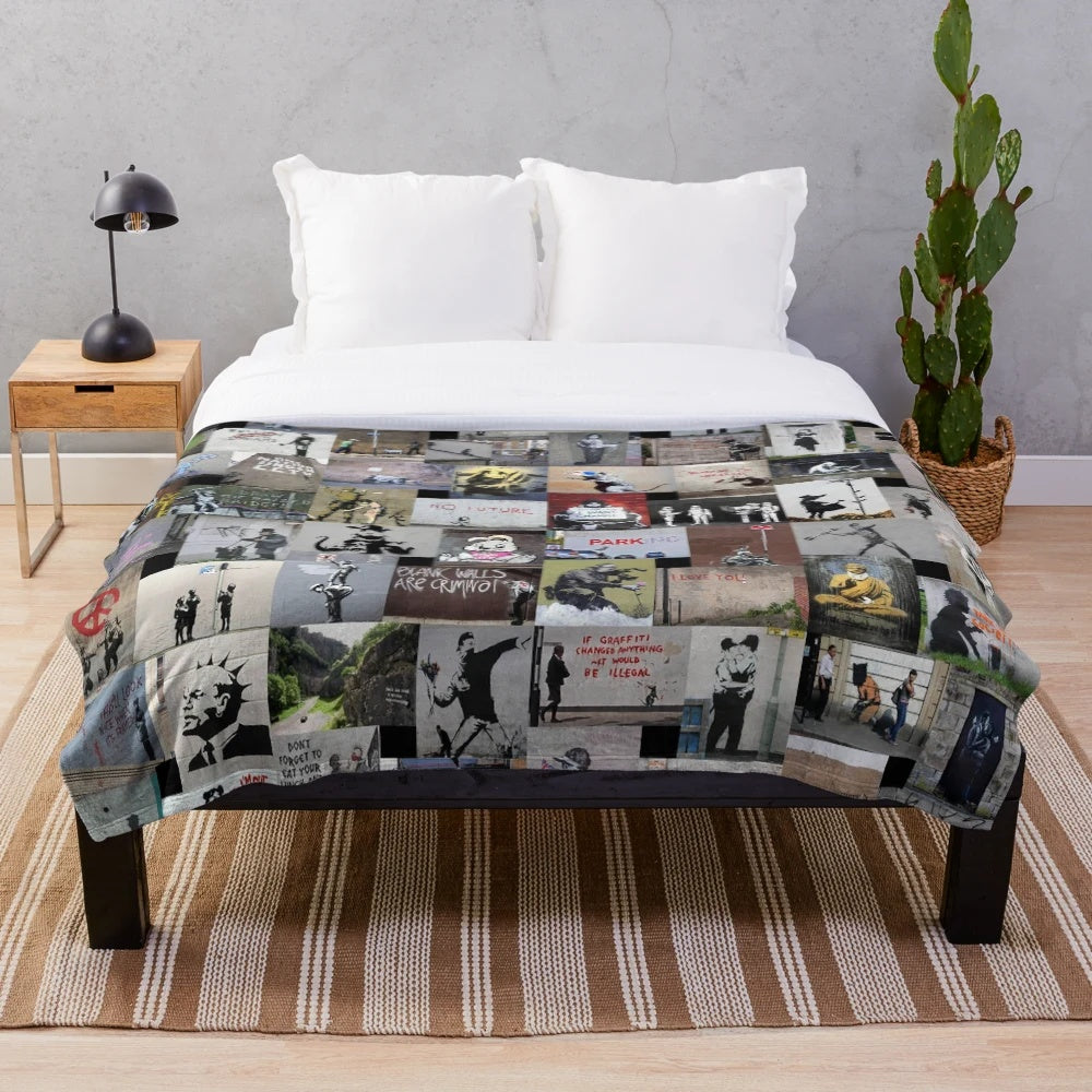 Banksy-inspired plush blanket featuring street art design