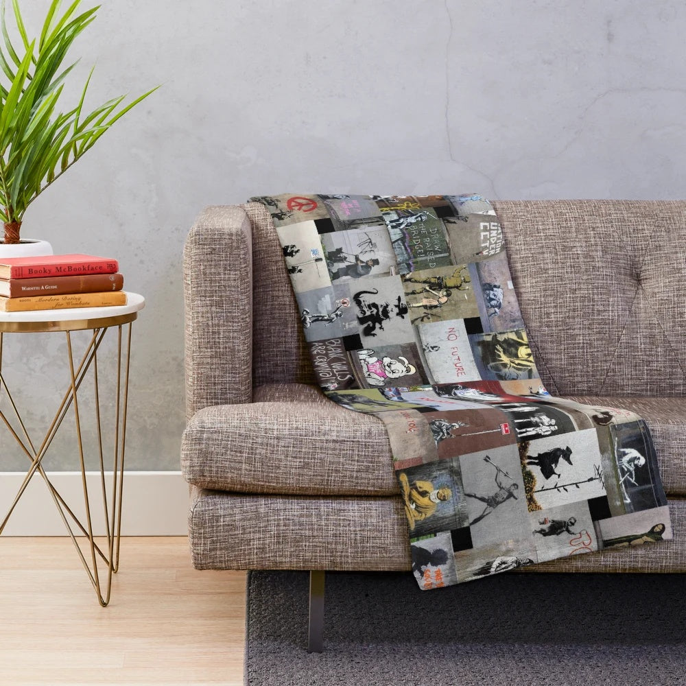 Banksy-inspired plush blanket featuring street art design