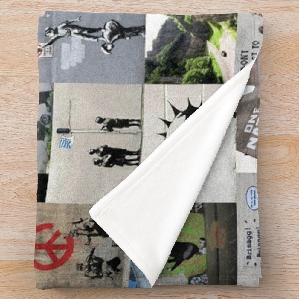 Banksy-inspired plush blanket featuring street art design