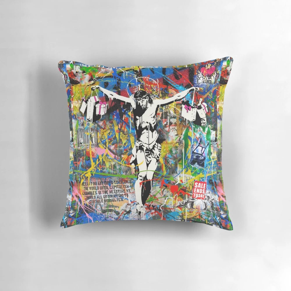 Colorful Banksy-inspired pop art pillow featuring a mashup of Jesus Christ and a shopping bag, representing urban street culture and commentary on consumerism.