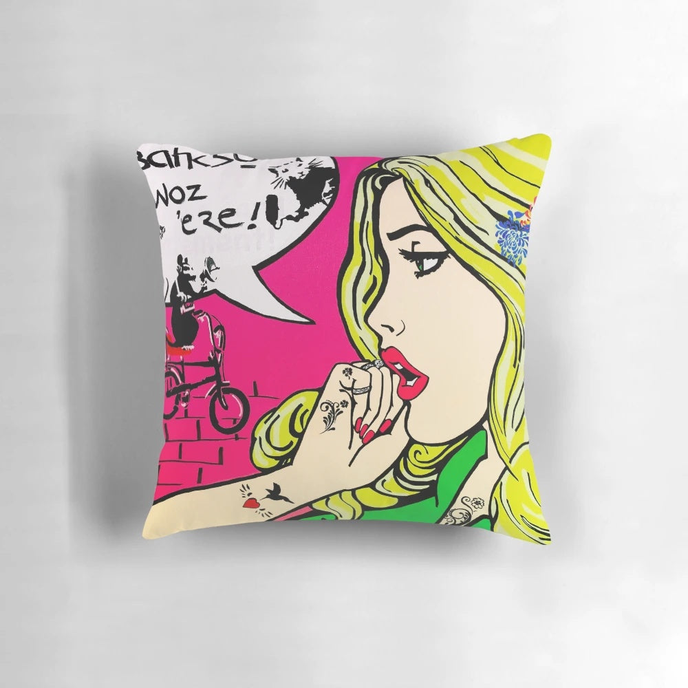 Banksy-inspired pop art pillow with graffiti-style graphics and urban street art elements