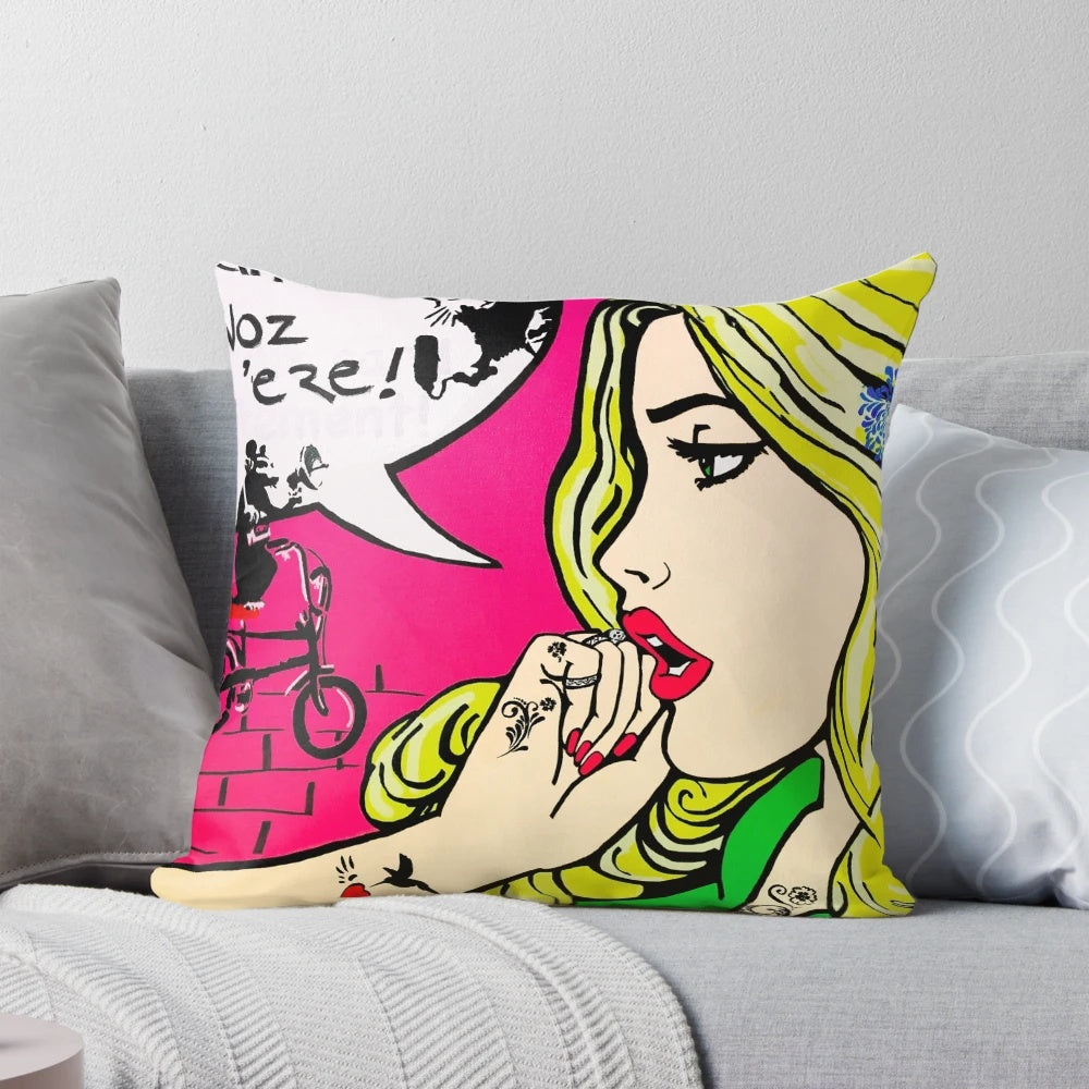 Banksy-inspired pop art pillow with graffiti-style graphics and urban street art elements
