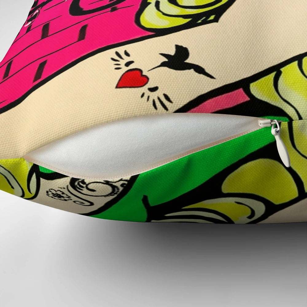 Banksy-inspired pop art pillow with graffiti-style graphics and urban street art elements