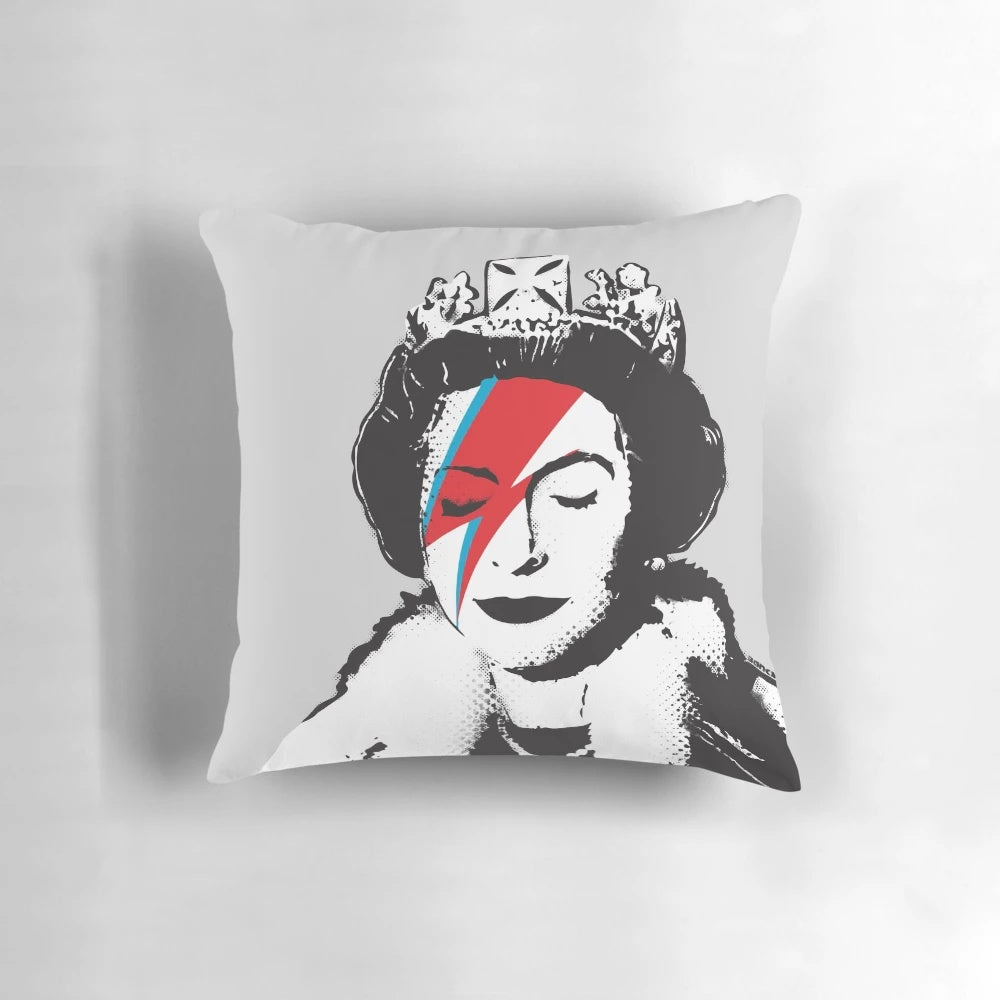 Banksy-inspired black and white pillow with Queen Elizabeth portrait design