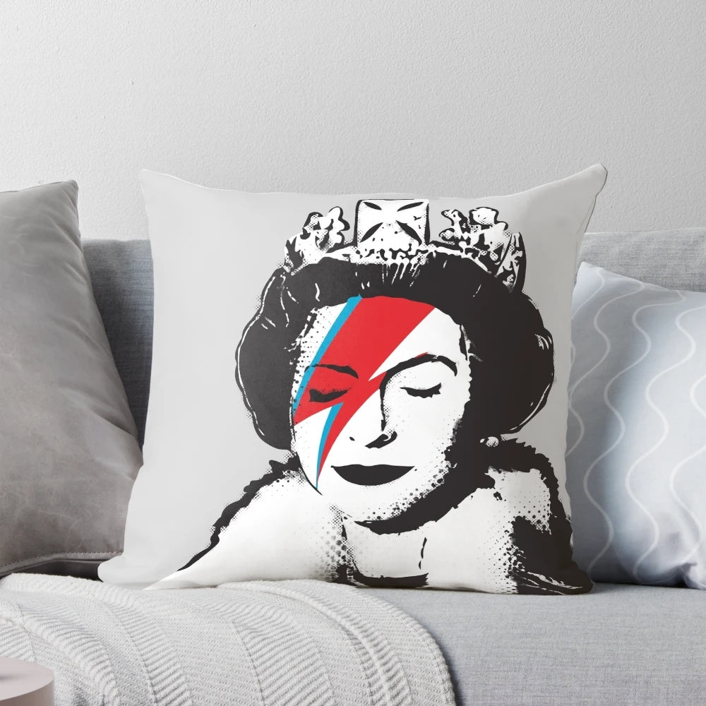 Banksy-inspired black and white pillow with Queen Elizabeth portrait design