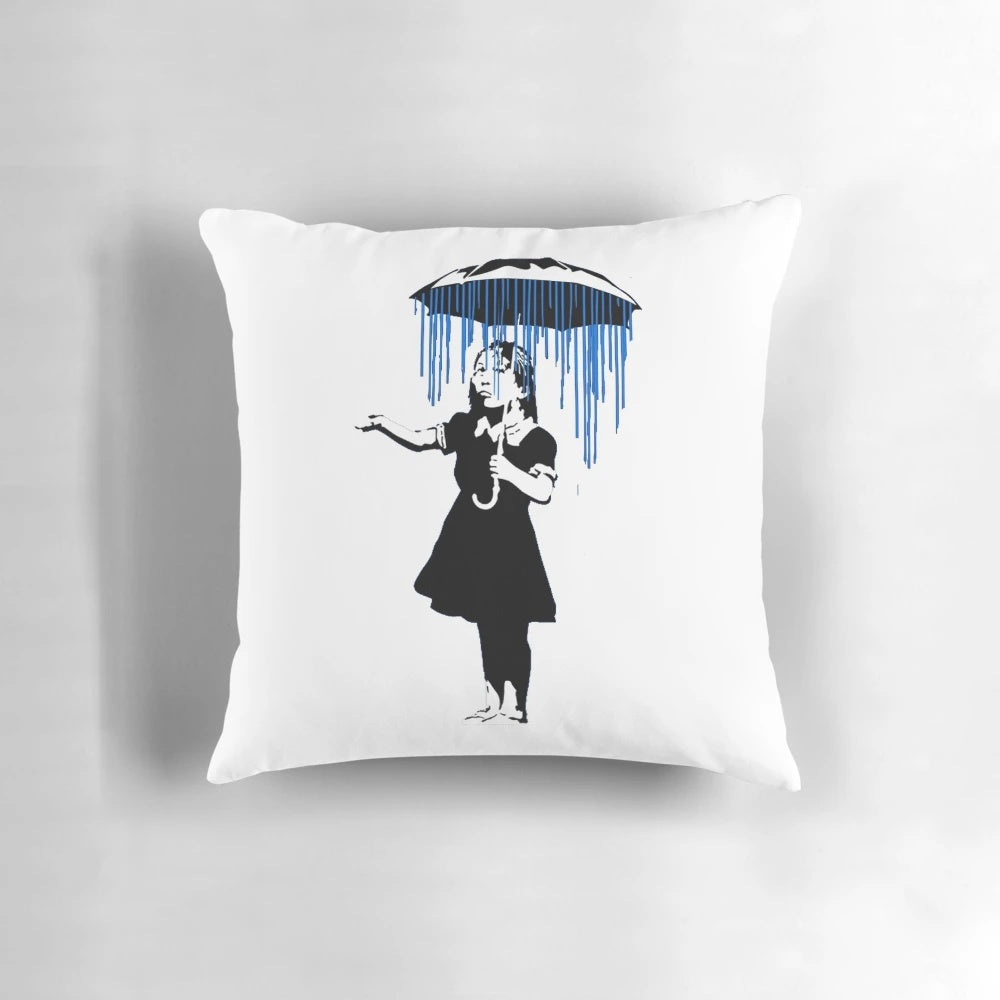 Banksy inspired decorative pillow featuring the iconic "Raining on the Inside" artwork