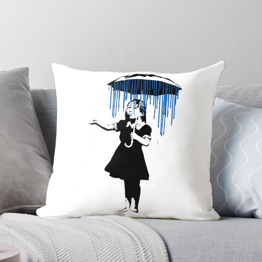 Banksy inspired decorative pillow featuring the iconic "Raining on the Inside" artwork