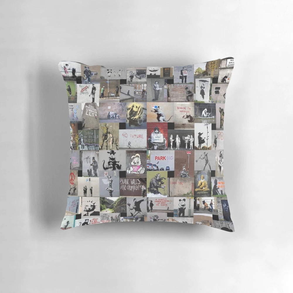 Artistically designed pillow featuring Banksy's iconic street art style