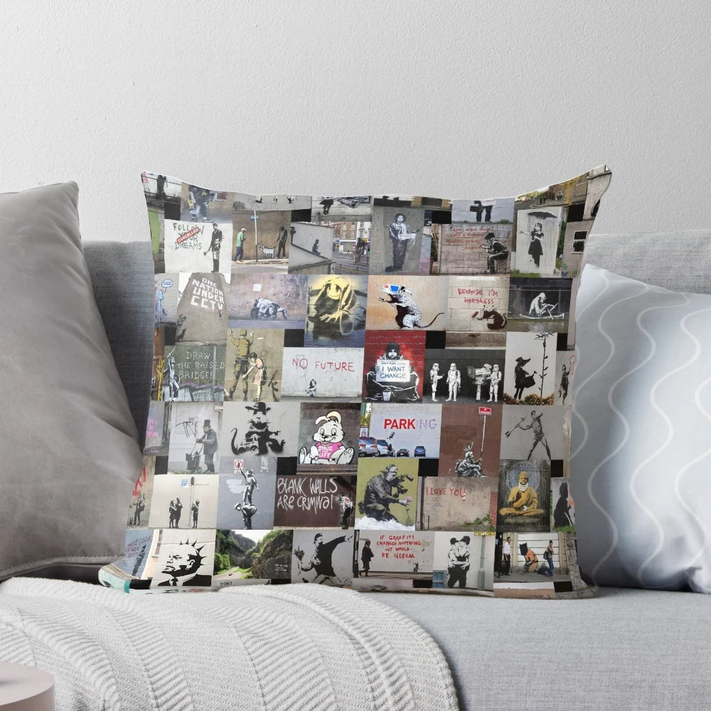 Artistically designed pillow featuring Banksy's iconic street art style