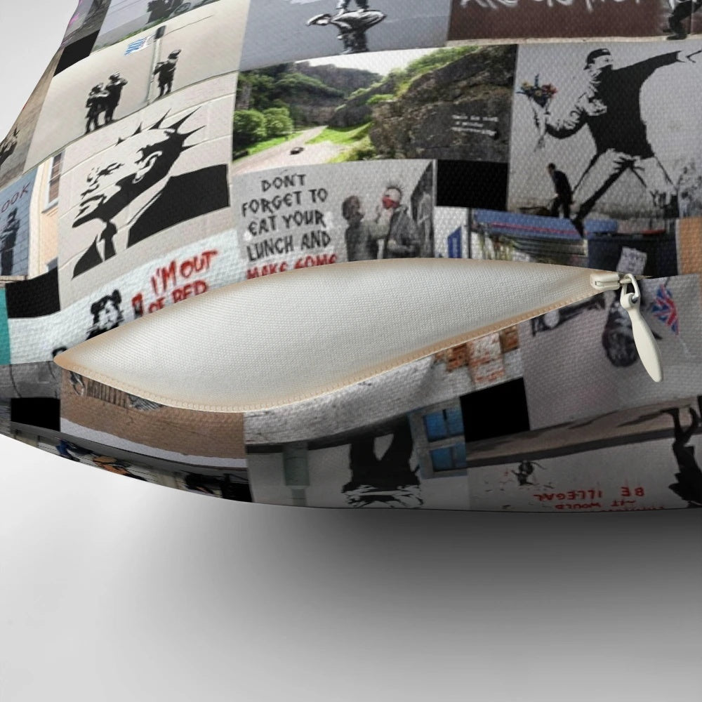 Artistically designed pillow featuring Banksy's iconic street art style