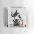 Banksy-inspired street art pillow with iconic stencil design and dark humor