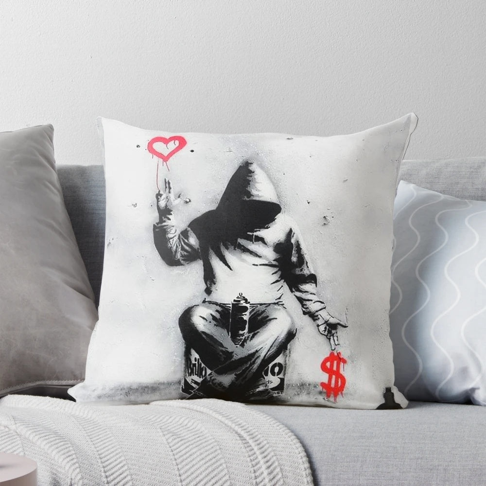 Banksy-inspired street art pillow with iconic stencil design and dark humor