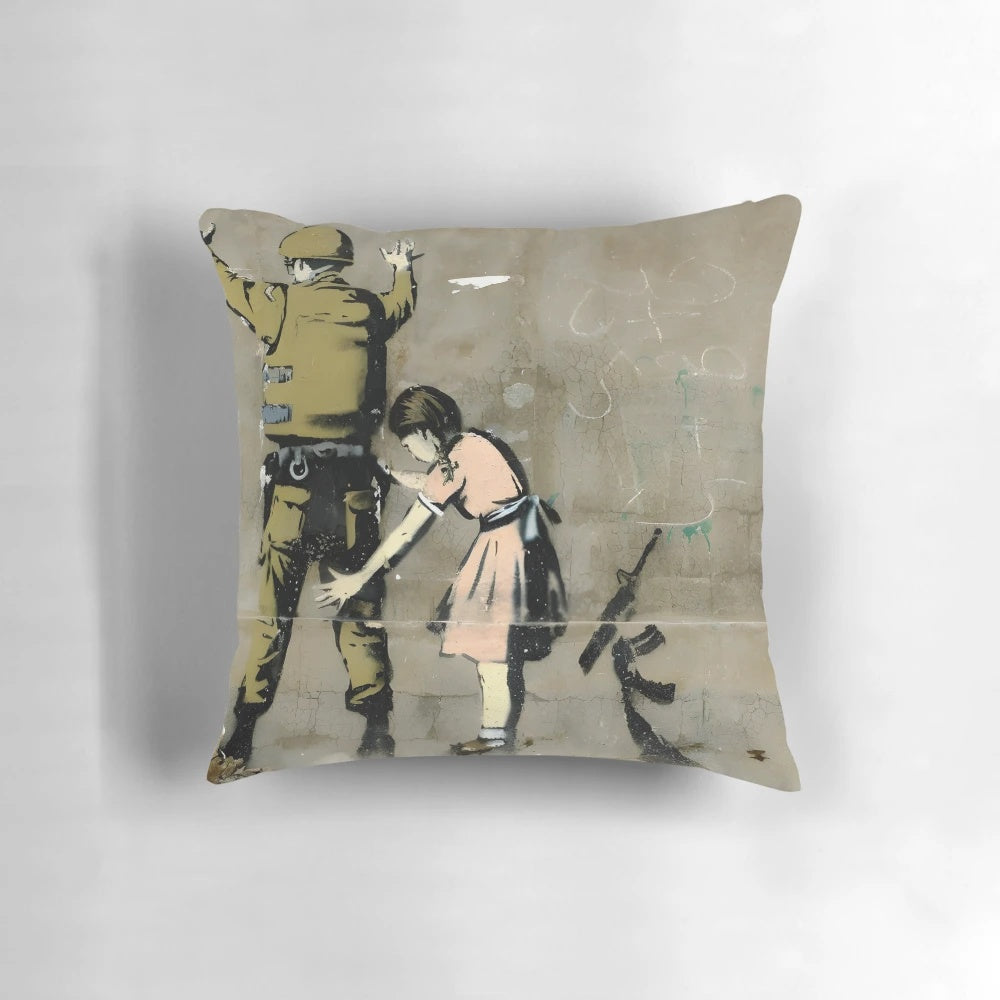 Banksy-inspired street art design on a comfortable pillow