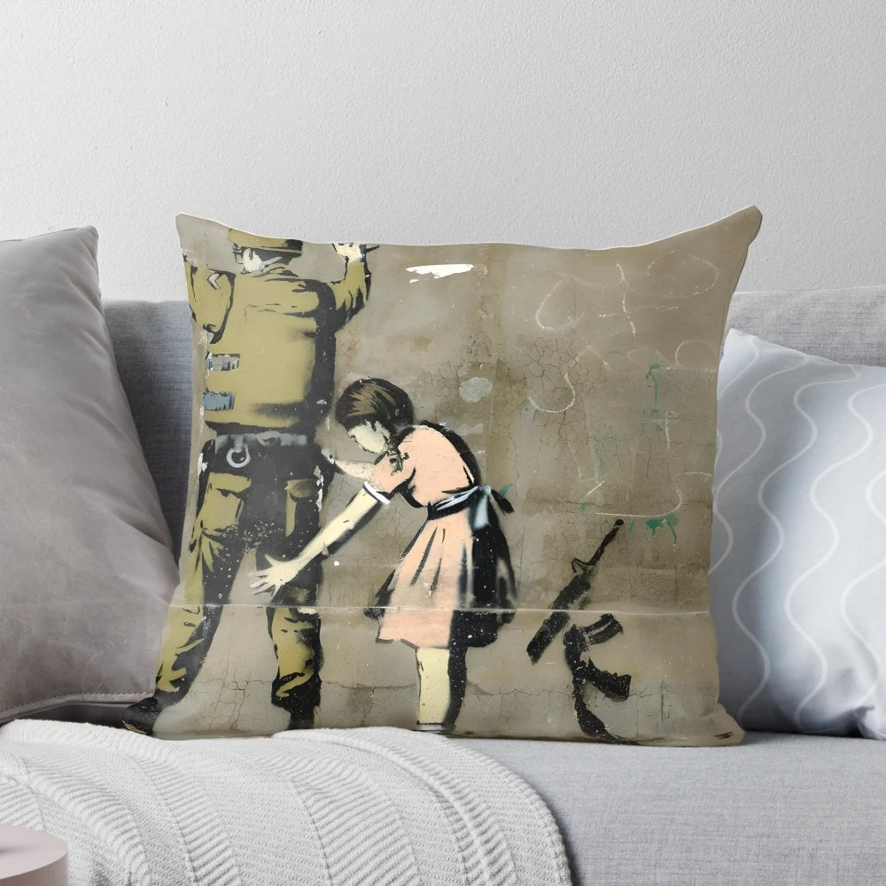 Banksy-inspired street art design on a comfortable pillow