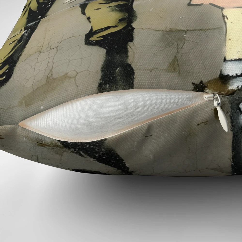 Banksy-inspired street art design on a comfortable pillow